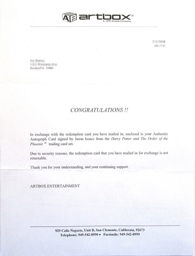 Redemption Letter